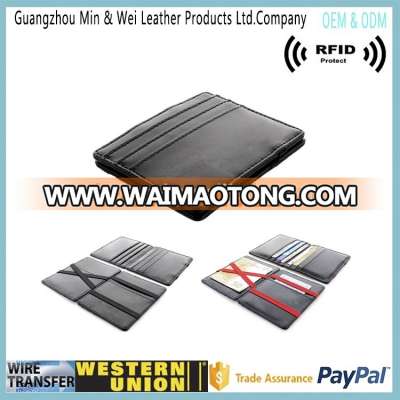 Wholesale OEM high quality Bi-fold Real leather magic wallet with elastic band