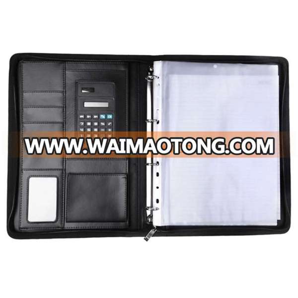 A4 document folder around zipper black color Conference Folder PU Leather Portfolio Organiser with Calculator